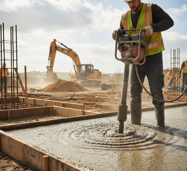 Electric concrete vibrator consolidating freshly poured concrete