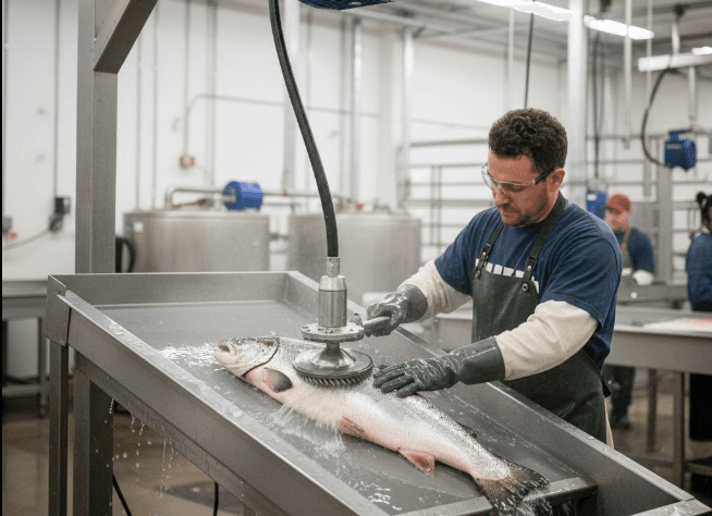 Commercial electric fish scaler in seafood processing environment